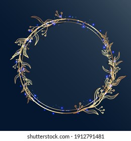 Gold frame. A circle in golden branches on a dark gray background. Glowing sparks and dots. Place for text.