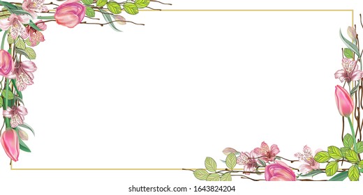 Gold frame, a composition of flowers of tulips, Alstroemeria, lilies. Spring greeting card, advertising, holidays: March 8, birthday, wedding, Easter, your text
