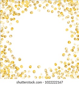 Gold Frame of Confetti Isolated on White Background. Festive Pattern with Glitter for Christmas and New Year Decoration, Birthday Invitation, Poster or Greeting Card. Wreath of Gold Confetti.