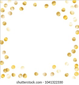 Gold Frame of Confetti Isolated on White Background. Festive Pattern with Glitter for Christmas and New Year Decoration, Birthday Invitation, Poster or Greeting Card. Wreath of Gold Confetti.