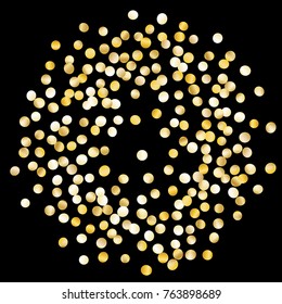 Gold Frame of Confetti Isolated on Black Background. Festive Pattern with Sparkles for Christmas and New Year Decoration, Birthday Invitation, Poster or Greeting Card. Wreath of Gold Confetti.