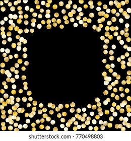 Gold Frame of Confetti Isolated on Black Background. Dark Festive Pattern with Sparkles for Christmas and New Year Decoration, Birthday Invitation, Poster or Greeting Card. Vector Gold Confetti.
