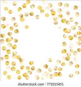 Gold Frame of Confetti Isolated on White Background. Festive Pattern with Glitter for Christmas and New Year Decoration, Birthday Invitation, Poster or Greeting Card. Wreath of Gold Confetti.