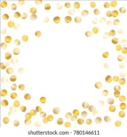 Gold Frame of Confetti Isolated on White Background. Festive Pattern with Sparkles for Christmas and New Year Decoration, Birthday Invitation, Poster or Greeting Card. Wreath of Gold Confetti.
