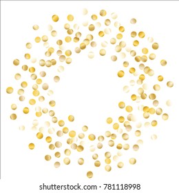 Gold Frame of Confetti Isolated on White Background. Festive Pattern with Sparkles for Christmas and New Year Decoration, Birthday Invitation, Poster or Greeting Card. Wreath of Gold Confetti.
