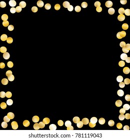 Gold Frame of Confetti Isolated on Black Background. Dark Festive Pattern with Sparkles for Christmas and New Year Decoration, Birthday Invitation, Poster or Greeting Card. Vector Gold Confetti.