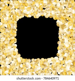 Gold Frame of Confetti Isolated on Black Background. Light Festive Pattern with Glitter for Christmas and New Year Decoration, Birthday Invitation, Poster or Greeting Card. Vector Gold Confetti.