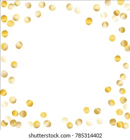 Gold Frame of Confetti Isolated on White Background. Festive Pattern with Glitter for Christmas and New Year Decoration, Birthday Invitation, Poster or Greeting Card. Wreath of Gold Confetti.