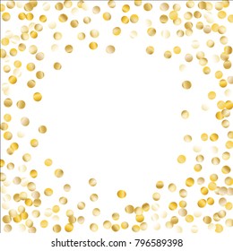 Gold Frame of Confetti Isolated on White Background. Festive Pattern with Tinsels for Christmas and New Year Decoration, Birthday Invitation, Poster or Greeting Card. Wreath of Gold Confetti.