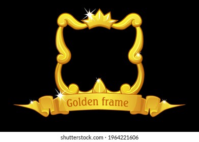 Gold frame with crown, square template with award ribbon for ui game.