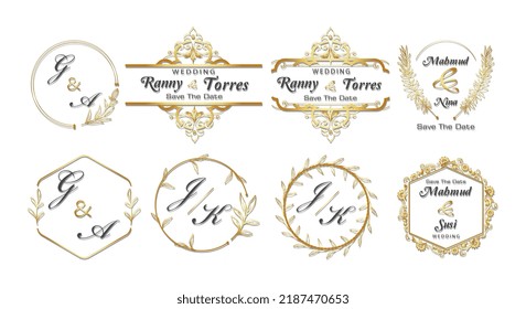 gold frame decor set, vintage calligraphy design and floral leaf with surround shape, invitation template, wedding, greeting card, etc.