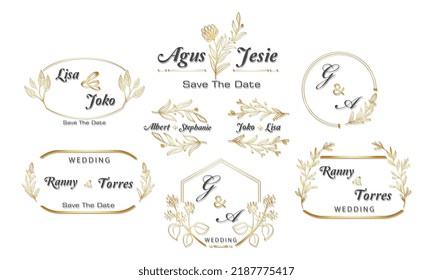 gold frame decor set, vintage calligraphy design and floral leaf with surround shape, invitation template, wedding, greeting card, etc.