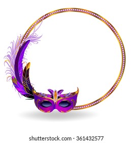 Gold frame decorated with colorful feathers and purple carnival mask.