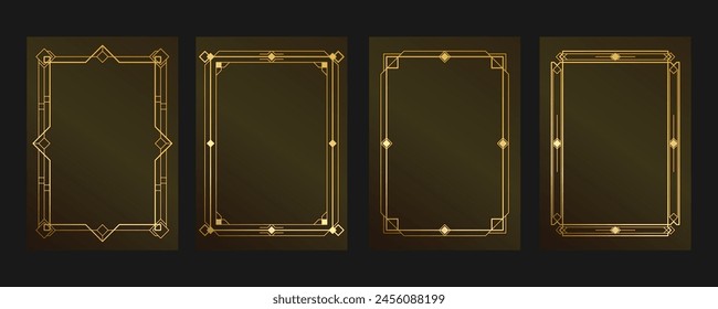 Gold frame with engraved design. Isolated vector set of art deco, arabic frames. Classic vintage frame template in A4 format. Decorative design, label, packaging, diploma, invitation, certificate.