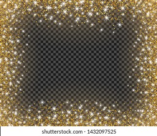 Gold frame, falling, dust pours with shimmering, light stars. Illustration, template for holiday, anniversary, wedding, Christmas. Vector isolated.