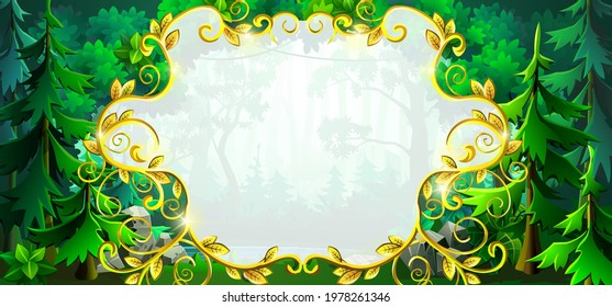 Gold frame and field for text on a forest background with trees, bushes and flowers. Graphic field for decoration and design.