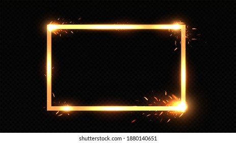 Gold frame with fiery sparks. Gold frame with light effects. Shining banner.