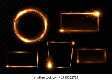 Gold frame with fiery sparks. Gold frame with light effects. Shining banner.