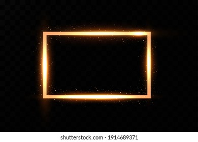 Gold frame with fiery sparks. Gold frame with light effects. Shining banner.