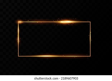 Gold frame with fiery sparks. Gold frame with light effects. Shining banner.