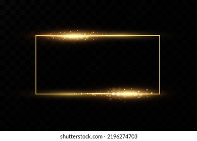 Gold frame with fiery sparks. Gold frame with light effects. Shining banner.
