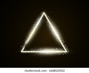 Gold frame flash with glitter effect. Yellow light on dark background. Vector realistic illustration.