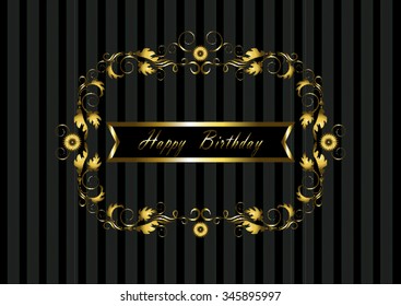 Gold frame with floral pattern and ribbon Happy Birthday on striped dark background

