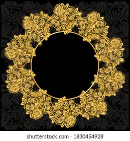 Marco dorado con flores sobre fondo negro. Ornamento floral con flores y hojas de diseño retro. Marco dorado redondo con un patrón floral sobre un fondo negro. Borde dorado decorativo glamoroso 
