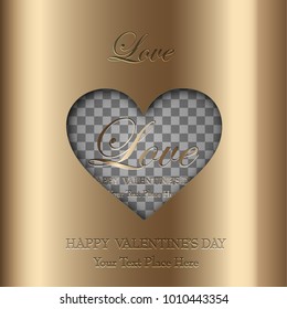 Gold frame in the form of a heart with a transparent background. Heart frame for St. Valentine's Day.The design of a greeting card for St. Valentine's Day.