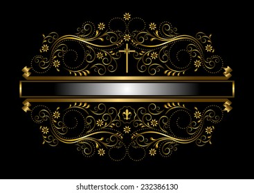 Gold frame in the framed delicate floral pattern with cross