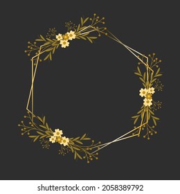 Gold frame with geometric floral ornaments with gold pattern for greeting cards or wedding invitations. Vector illustration. black background