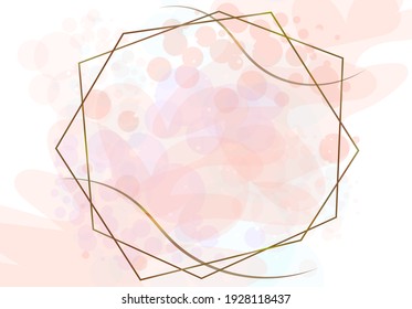 Gold frame. With geometric lines. Watercolor wedding invitation card with rose gold vein texture. Pastel pink circles and bubbles. Gold contour geometric frame. Abstract background.