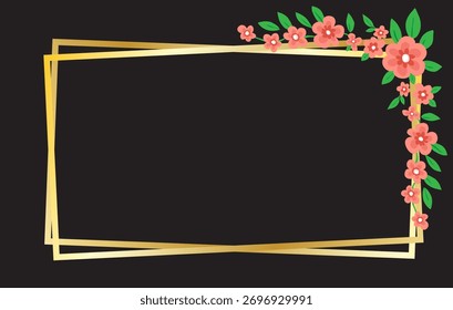 Gold frame geometric shapes with elegant floral decoration on black background