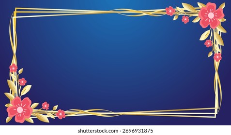 Formas geométricas del marco del oro con la decoración floral elegante en fondo azul