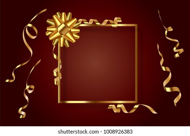 Gold frame with gift bow and serpentine on a burgundy background