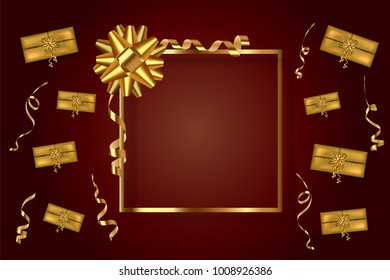 Gold frame with gift bow serpentine and presents on a dark red background
