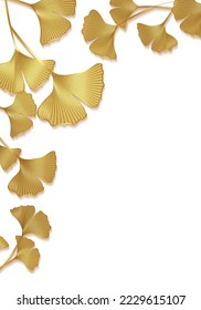 Gold frame of Ginkgo biloba leaves isolated on white background. Golden luxury border of floral leaves. Vector illustration botanical design template, vertical banner