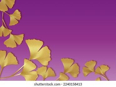 Gold frame of Ginkgo biloba leaves isolated on purple background. Golden luxury border of floral leaves. Vector illustration botanical design template, banner with copy space for your text