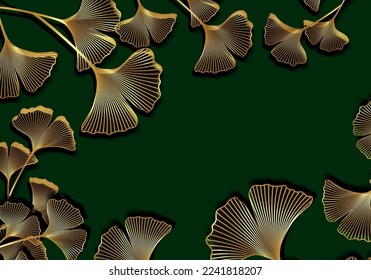 Gold frame of Ginkgo biloba leaves isolated on dark green background. Golden luxury border of floral leaves. Vector illustration botanical design template, vertical banner