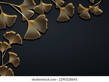 Gold frame of Ginkgo biloba leaves isolated on black background. Golden luxury border of floral leaves. Vector illustration botanical design template, horizontal banner