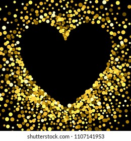 Gold frame with glitter particles effect in the shape of heart. Golden dust sparkling texture. Use for banner, greeting and Christmas card, Valentines day, wedding invitation. Vector illustration.