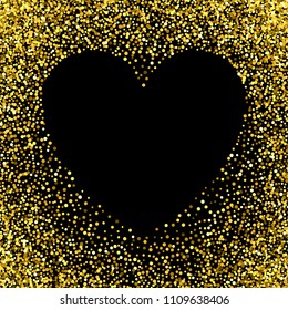 Gold frame with glitter particles effect in the shape of heart. Golden dust sparkling texture. Use for banner, greeting and Christmas card, Valentines day, wedding invitation. Vector illustration.