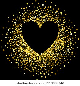 Gold frame with glitter particles effect in the shape of heart. Golden dust sparkling texture. Use for banner, greeting and Christmas card, Valentines day, wedding invitation. Vector illustration.
