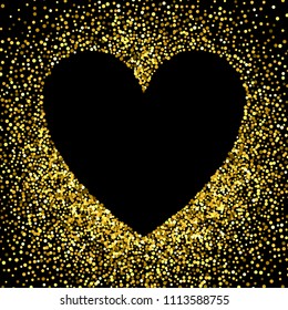 Gold frame with glitter particles effect in the shape of heart. Golden dust sparkling texture. Use for banner, greeting and Christmas card, Valentines day, wedding invitation. Vector illustration.
