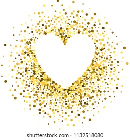 Gold frame with glitter particles effect in the shape of heart. Golden dust sparkling texture. Use for banner, greeting and Christmas card, Valentines day, wedding invitation. Vector illustration.