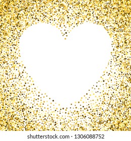Gold frame with glitter particles effect in the shape of heart. Golden dust sparkling texture. Use for banner, greeting and Christmas card, Valentines day, wedding invitation. Vector illustration.