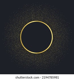 Gold frame, glitter and round place for your text on dark background. For flyer design, holiday greeting card, invitation. Vector illustration
