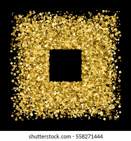 Gold frame glitter texture isolated on black. Golden color of winners. Gilded abstract particles. Explosion of confetti shine. Celebratory background. Vector illustration,eps 10