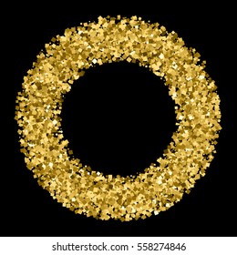 Gold frame glitter texture isolated on black. Golden color of winners. Gilded abstract particles. Explosion of confetti shine. Celebratory background. Vector illustration,eps 10