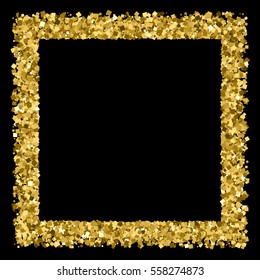 Gold frame glitter texture isolated on black. Golden color of winners. Gilded abstract particles. Explosion of confetti shine. Celebratory background. Vector illustration,eps 10